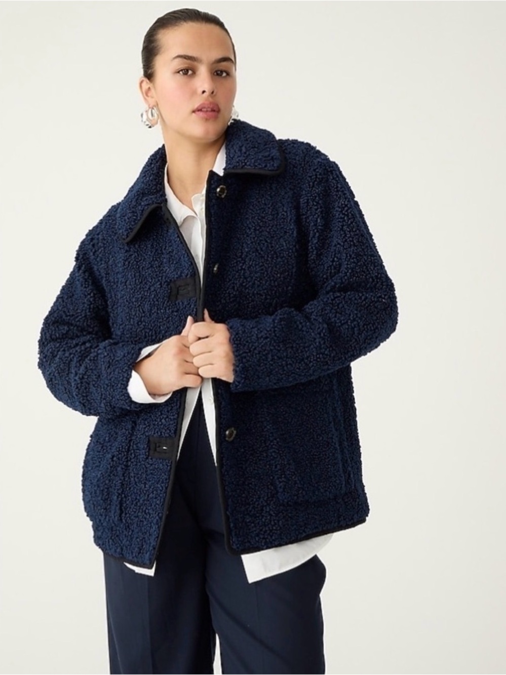 NWT J.Crew Faux Fur Teddy Sherpa Jacket Navy/Black Trim Sz XS